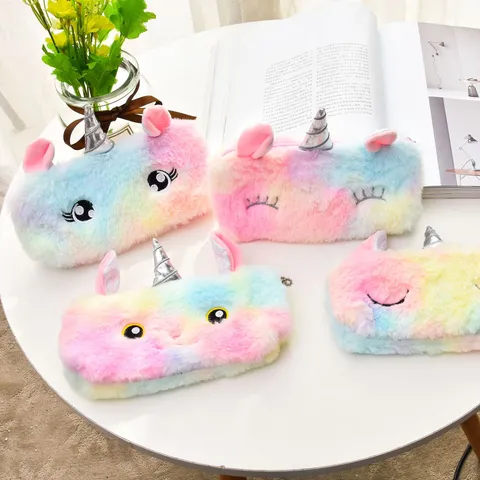 Cartoon Einhorn Plüsch Federmappe Regenbogen Gradient Weiche Schreibwaren Tasche Für Kinder Studenten Runde Schräge Augen Aufbewahrungsbeutel