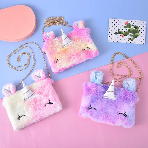 Sac à Bandoulière Licorne en Peluche pour Enfants Mignon Sac à Épaule Mini Dégradé Avec Chaîne en Métal pour Filles Cadeau