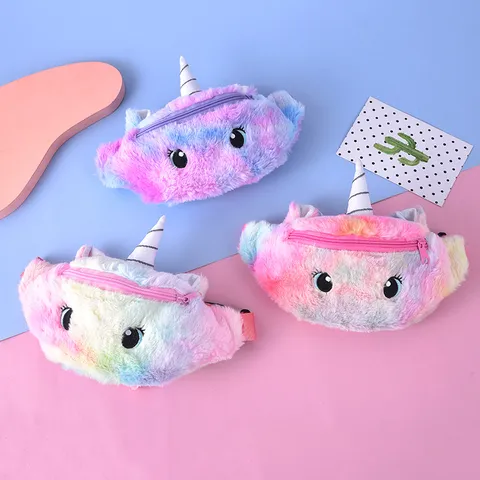 Marsupio in Peluche a Forma di Unicorno per Bambini Carina Borsa da Petto in Ecopelliccia Arcobaleno Tracolla Regolabile Ricamo