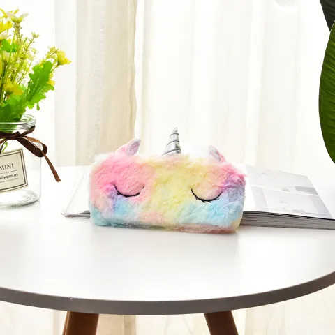 Cartoon Einhorn Plüsch Federmappe Regenbogen Gradient Weiche Schreibwaren Tasche Für Kinder Studenten Runde Schräge Augen Aufbewahrungsbeutel