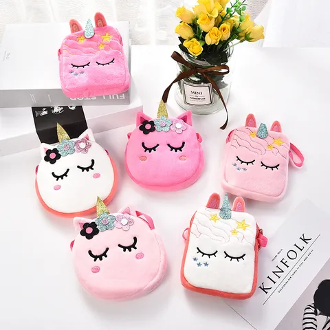 Borsa a Tracolla in Peluche a Forma di Unicorno Cartoon Simpatica Piccola Borsa Porta Monete Morbida Borsa per Bambine Regalo