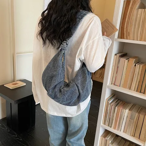 Women Large Capacity Denim Hobo Bag Japanese Lazy Style Knot Shoulder Bag Solid Color Croissant Bag For College Students