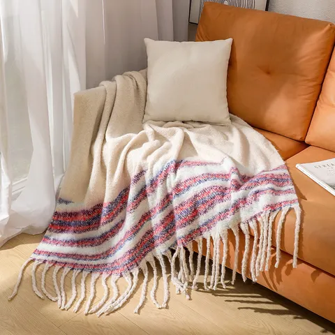 Boucle Yarn Thickened Woven Throw Blanket Solid Beige Sofa Blanket With Tassels For Office Couch Home Decor Winter Gift