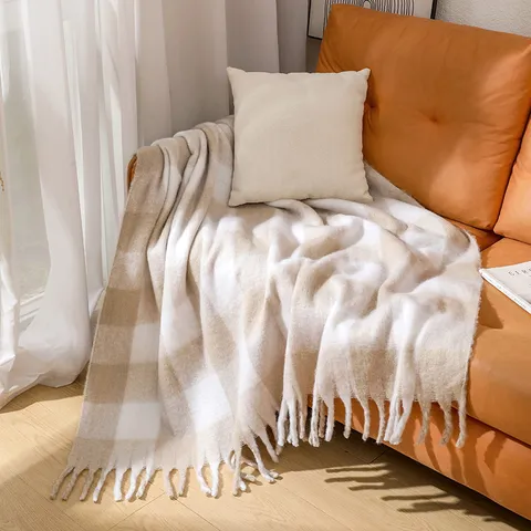 Manta de Cuadros de Falso Mohair de Gran Tamaño Sofá de Felpa Suave Con Borlas Chal Grueso Cálido Para Decoración del Hogar Sala de Estar