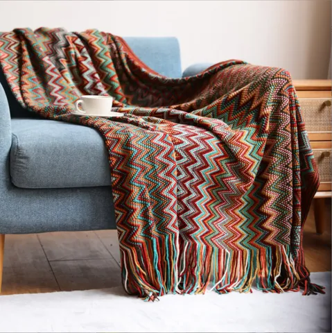 Manta de Punto Estilo Étnico Bohemio Con Borlas Suave Acrílico Patrón Zigzag Para Sofá Viajes Oficina Chal Envoltura