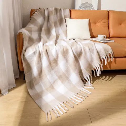 Manta de Cuadros de Falso Mohair de Gran Tamaño Sofá de Felpa Suave Con Borlas Chal Grueso Cálido Para Decoración del Hogar Sala de Estar