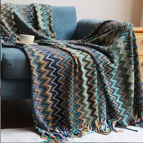 Manta de Punto Estilo Étnico Bohemio Con Borlas Suave Acrílico Patrón Zigzag Para Sofá Viajes Oficina Chal Envoltura