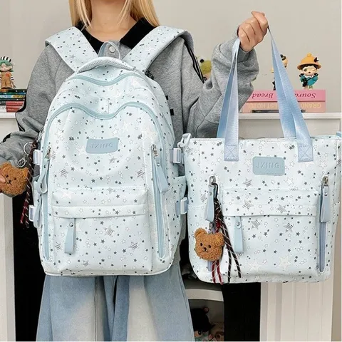 Zaino in Nylon con Stampa a Stelle Fresche Borsa da Scuola ad Alta Capacità per Ragazze Studentesse Stile Mori Girl