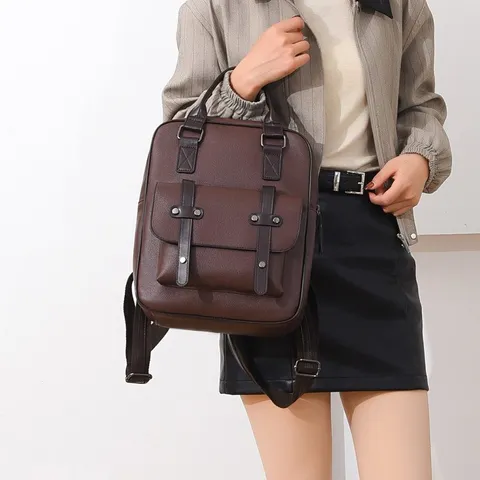 Vintage PU Leder Rucksack Für Damen Herren Wasserdicht Retro Schulrucksack Minimalistischer Farbblock Klappentasche Tagesrucksack Pendeln