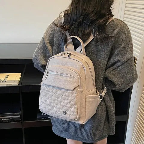 Women Fashion Backpack Korean Style Soft Nylon Rhombic Quilted Travel Backpack Minimalist Large Capacity Casual School Bag