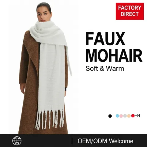 Bufanda de Hilo de Bucle de Mohair de Imitación Con Seda Brillante Chal de Borlas Espesado para Mujer Otoño Invierno Bufanda Larga Cálida
