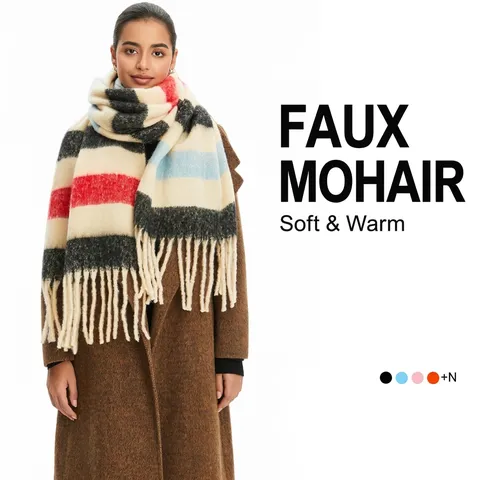 Sciarpa a Righe in Finto Mohair da Donna Sciarpa Invernale Calda con Nappe Scialle in Poliestere Effetto Cashmere Stampato