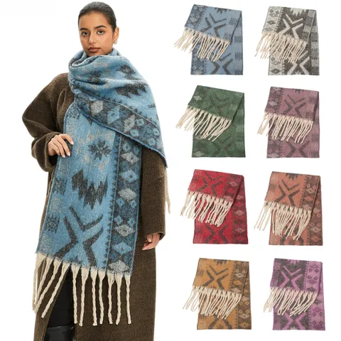 Dames Vintage Etnisch Jacquard Sjaal Faux Mohair Kasjmier Gevoel Dik Warm Winter Sjaal Met Kwastjes Geometrisch Patroon Omslagdoek