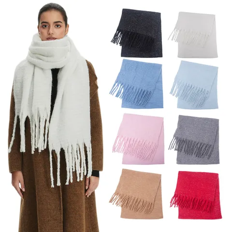 Bufanda de Hilo de Bucle de Mohair de Imitación Con Seda Brillante Chal de Borlas Espesado para Mujer Otoño Invierno Bufanda Larga Cálida