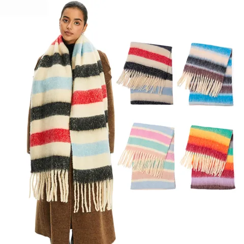 Sciarpa a Righe in Finto Mohair da Donna Sciarpa Invernale Calda con Nappe Scialle in Poliestere Effetto Cashmere Stampato