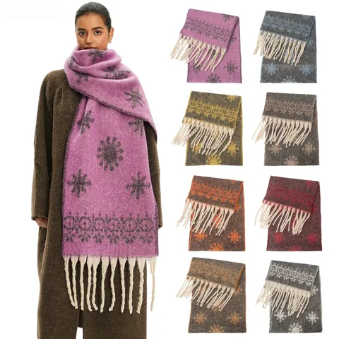 Women Faux Mohair Scarf Warm Winter Shawl With Tassels Snowflake Jacquard Cashmere Feel Scarf Large Wrap Elegant Lady Outdoor Accessory