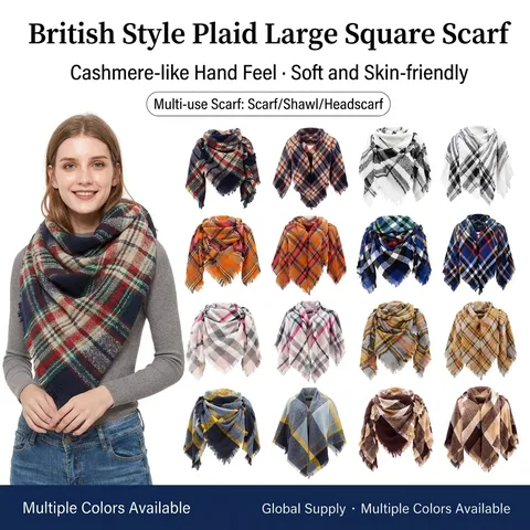 Women Autumn Winter Thickened Warm Plaid Square Scarf Boucle Yarn Brushed Tassel Large Shawl Wrap Soft Neck Warmer