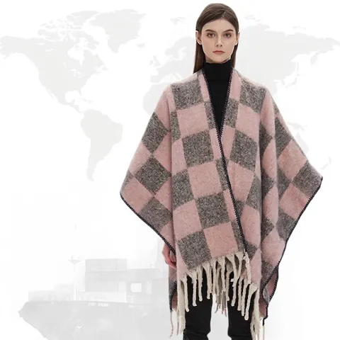 Châle à Carreaux Hiver Femme Épais Faux Mohair Écharpe Géométrique Damier Gland Cape Rétro Tricot Cape pour Femmes