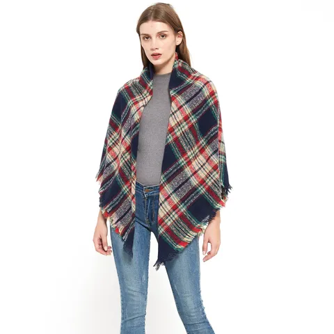 Women Autumn Winter Thickened Warm Plaid Square Scarf Boucle Yarn Brushed Tassel Large Shawl Wrap Soft Neck Warmer