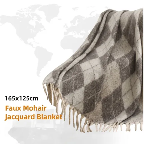 Châle Couverture Jacquard en Faux Mohair Avec Glands Motif Géométrique à Losanges Jeté de Lit Tricoté Doux Chaud pour Canapé Unisexe