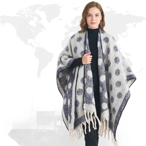 Damen Verdickt Mohair Jacquard Punkt Schal Mit Stilvollen Quasten Winter Warm Strick Cape Schal Oberbekleidung