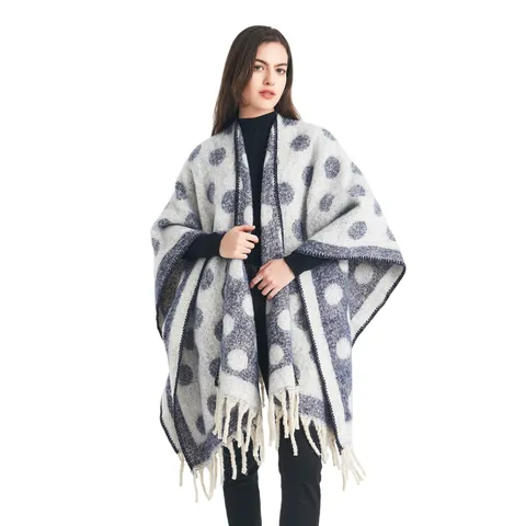 Damen Verdickt Mohair Jacquard Punkt Schal Mit Stilvollen Quasten Winter Warm Strick Cape Schal Oberbekleidung