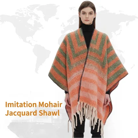 Women Thickened Jacquard Striped Tassel Shawl Imitation Mohair Boucle Yarn Wrap Warm Winter Autumn European American Style Cape Poncho