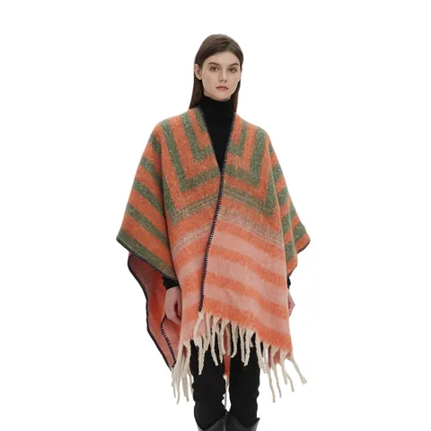 Women Thickened Jacquard Striped Tassel Shawl Imitation Mohair Boucle Yarn Wrap Warm Winter Autumn European American Style Cape Poncho