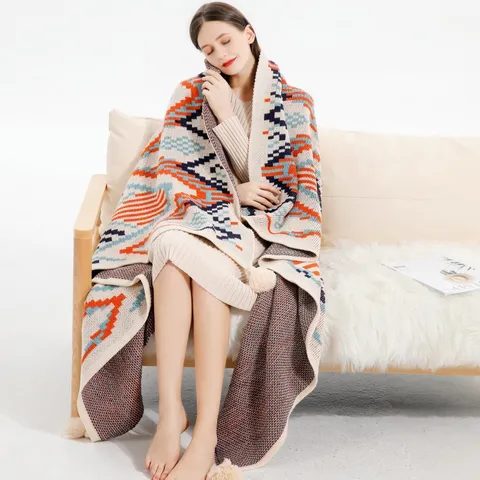 Bohemian Geometric Knitted Throw Blanket With Tassels Acrylic Ethnic Style Sofa Cover Nap Blanket Travel Shawl For All Seasons