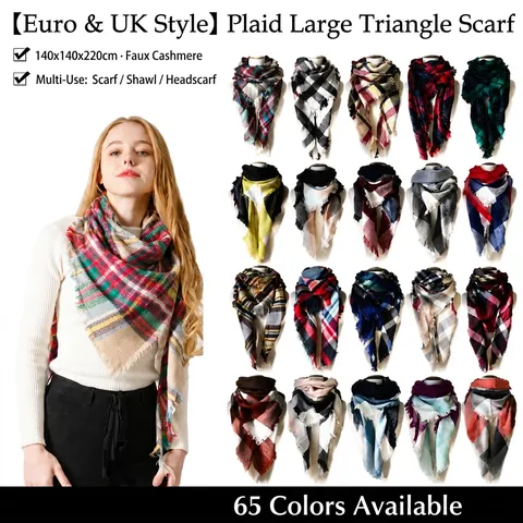 Women Plaid Triangle Scarf Shawl Winter Warm Imitation Cashmere Scarf Oversized Tartan Wrap Tassel Scarf For Women Autumn Winter Fashion