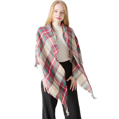 Women Plaid Triangle Scarf Shawl Winter Warm Imitation Cashmere Scarf Oversized Tartan Wrap Tassel Scarf For Women Autumn Winter Fashion