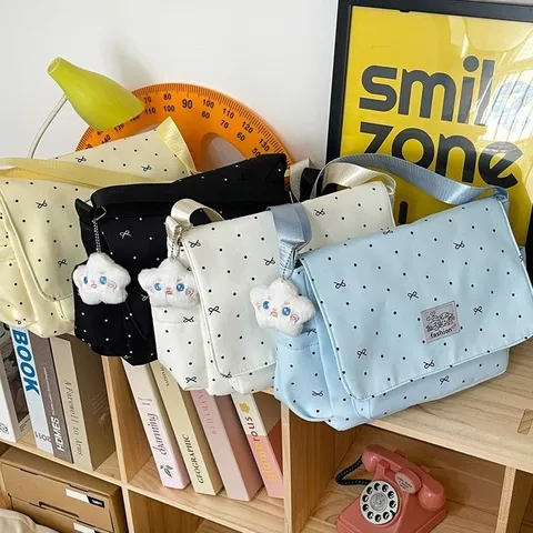Süße Macaron Segeltuch Umhängetasche Für Damen Punktemuster Schleife Bedruckte Messenger Bag Nischendesign Schultertasche