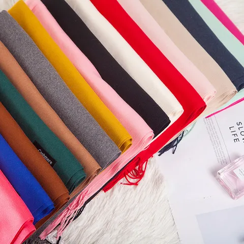 Korean Fashion Women Solid Color Tassel Scarf Thin Viscose Blend Shawl Wrap Elegant Pashmina For Spring Autumn Winter