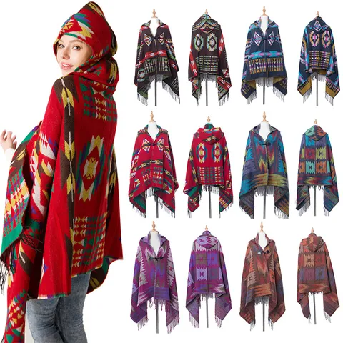 Women Bohemian Ethnic Style Hooded Poncho Shawl Imitation Cashmere Toggle Button Tassel Geometric Jacquard Warm Wrap Cape