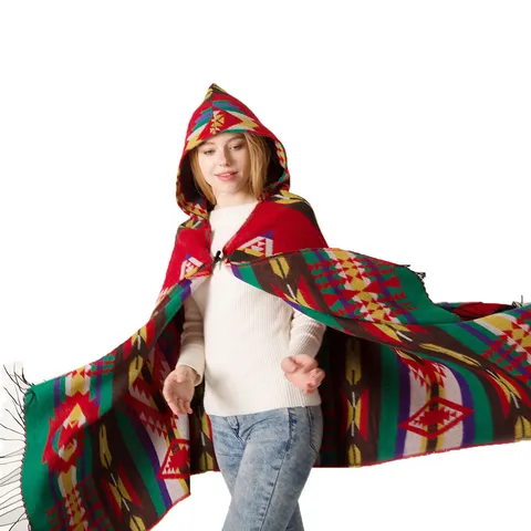 Women Bohemian Ethnic Style Hooded Poncho Shawl Imitation Cashmere Toggle Button Tassel Geometric Jacquard Warm Wrap Cape