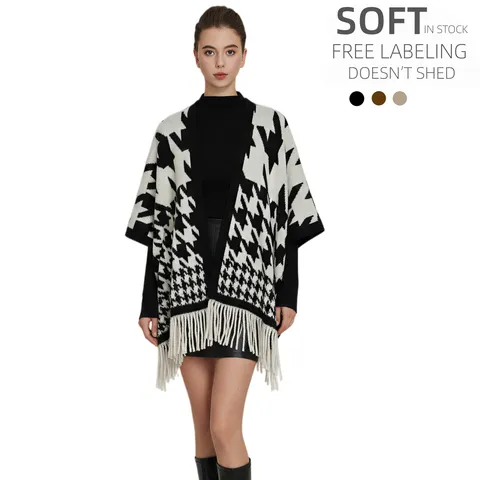 Women Vintage Houndstooth Tassel Shawl Poncho Polyester Warp Knitted Warm Geometric Plaid Wrap Capes For Winter Autumn Lady