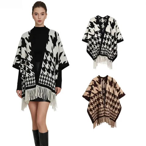 Women Vintage Houndstooth Tassel Shawl Poncho Polyester Warp Knitted Warm Geometric Plaid Wrap Capes For Winter Autumn Lady