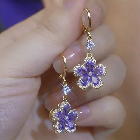 Koreanischer Stil Lila Blumen Ohrstecker Legierung Strass Hängende Ohrringe Für Damen Gold Überzogen Eleganter Blumen Schmuck