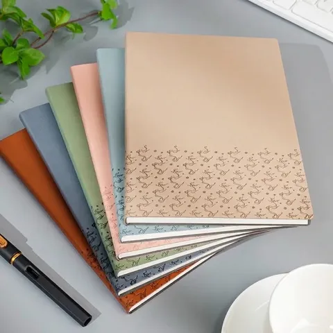 Cuaderno de Cuero PU A5 Colores Morandi Estampado Dibujos Animados Papel Protección Ocular Línea Horizontal Bloc de Notas