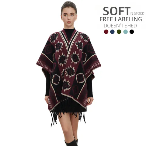 Chal Poncho Bohemio Geométrico con Borlas para Mujer Prenda de Abrigo Retro Étnico con Flecos Capa Abierta para Viajes
