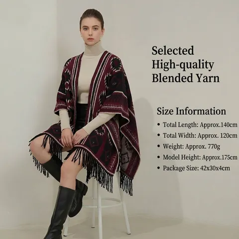 Chal Poncho Bohemio Geométrico con Borlas para Mujer Prenda de Abrigo Retro Étnico con Flecos Capa Abierta para Viajes