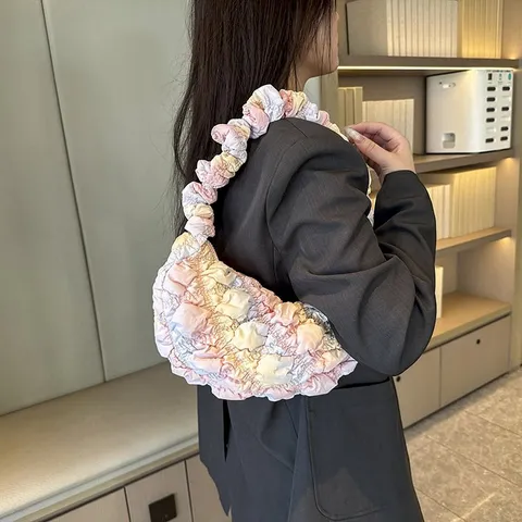 Irisierende Perlglanz Wolkentasche Für Damen Koreanischer Stil Plissee Blasen Puff Tasche Modische Nylon Schulter Umhängetasche Hobo Satchel