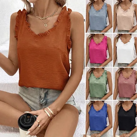 Blusa Dulce Sin Mangas para Mujer Cuello en V con Volantes Color Sólido Poliéster Top Casual de Verano Elegante Camisa de Tela Texturizada para Mujer