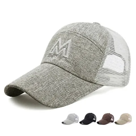 Men Women Linen Mesh Baseball Cap Outdoor Sun Protection Long Brim Breathable Trucker Hat Adjustable Summer Sport Snapback