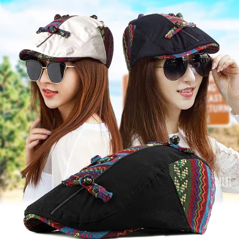 Women's Ethnic Style Beret Cap Fashion Floral Embroidery Cotton Linen Blend Newsboy Hat Toggle Button Adjustable Sun Shade Hat