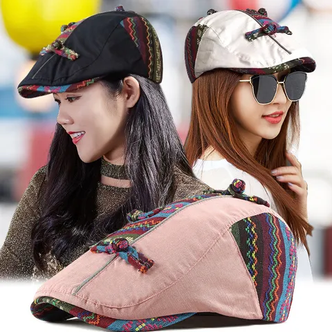 Women's Ethnic Style Beret Cap Fashion Floral Embroidery Cotton Linen Blend Newsboy Hat Toggle Button Adjustable Sun Shade Hat