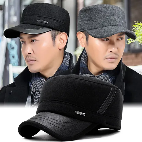 Men Flat Top Military Hat Woolen Winter Cap With Ear Flaps Warm Thick Windproof Faux Leather Brim Flat Cap For Men Outdoor