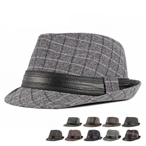 British Retro Plaid Fedora Hat Men Women Woolen Blend Warm Jazz Cap Classic Trilby Style Autumn Winter Accessory