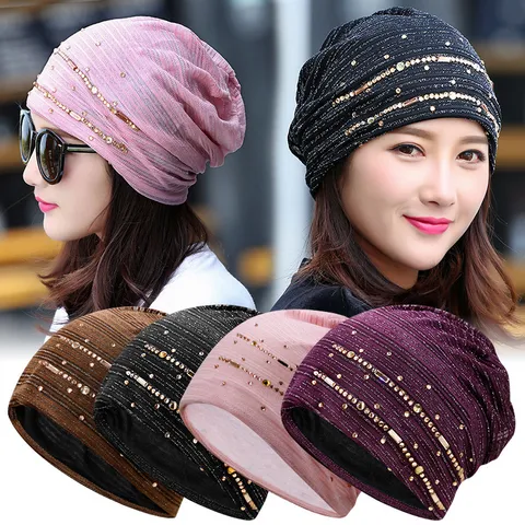 Elegant Lace Slouchy Beanie Hat For Women Breathable Polyester Rhinestone Turban Cap For Spring Autumn Outdoor Daily Accessory