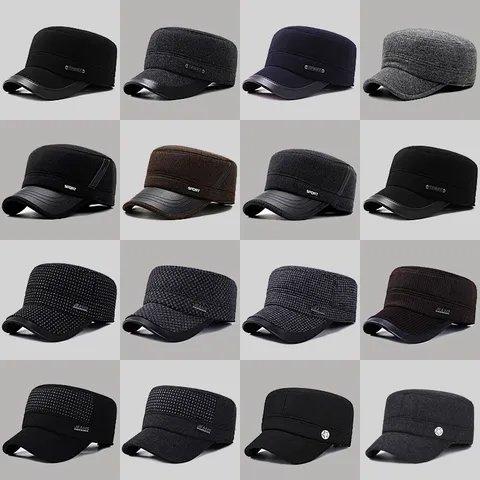 Men Flat Top Military Hat Woolen Winter Cap With Ear Flaps Warm Thick Windproof Faux Leather Brim Flat Cap For Men Outdoor
